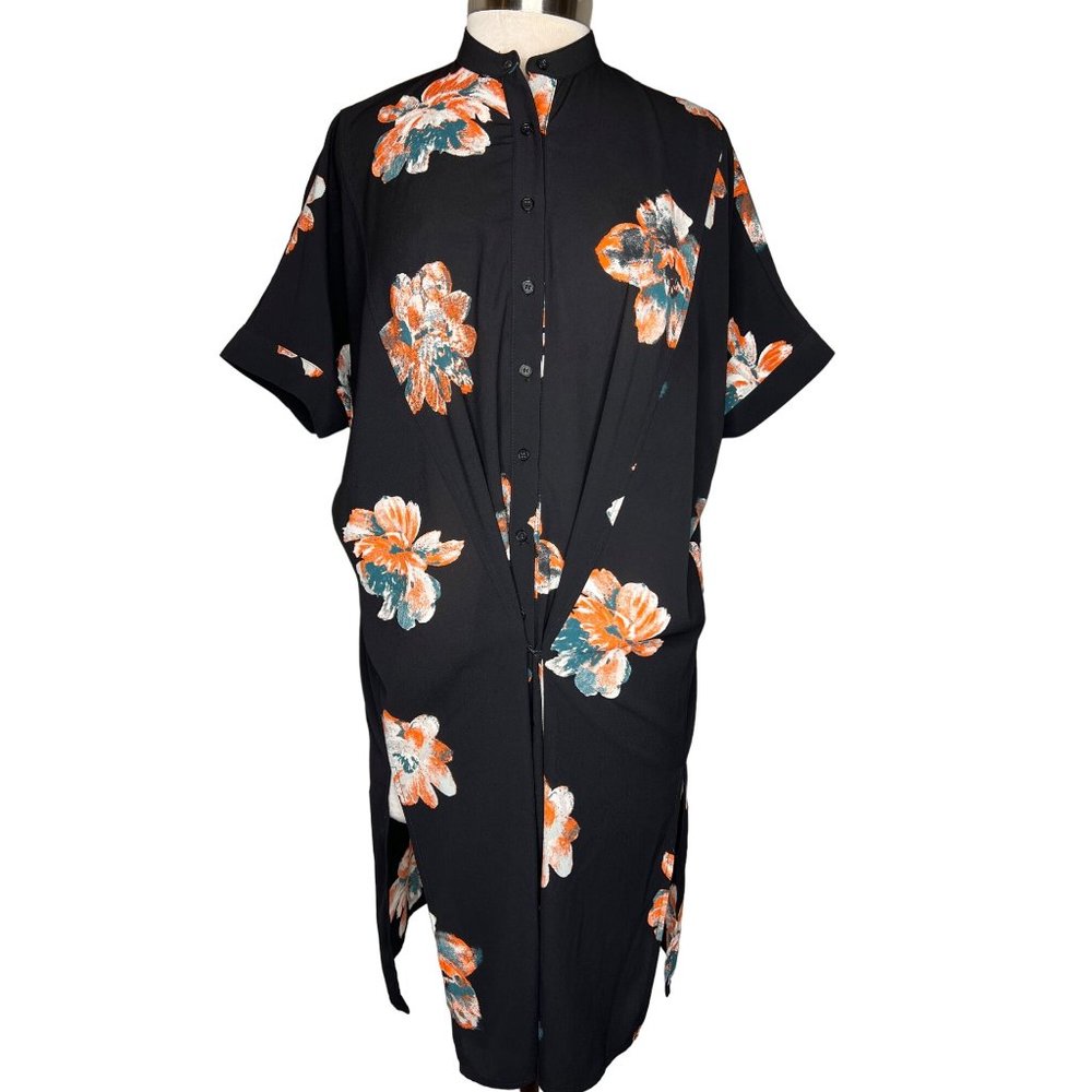 Kimono by Villa dress shirt button front size small black with peach and green f